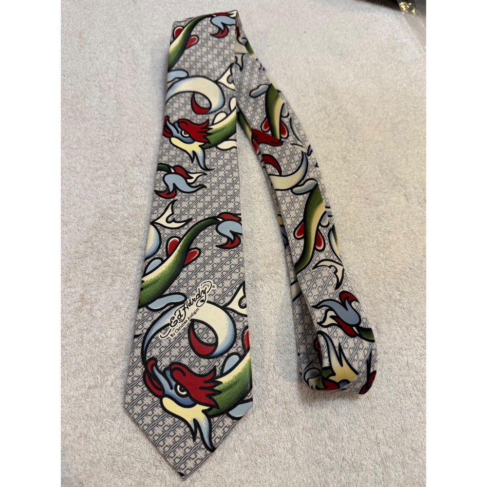 Ed Hardy Christian Audigier Mens Silk Tie Grey Dragon Tattoo Print Graphic